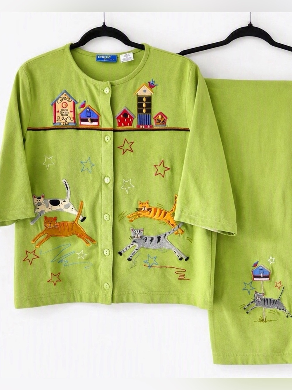 Vintage 90’s Onque Green Cat Bird Embroidery Cardigan Pant Lounge Set Size M